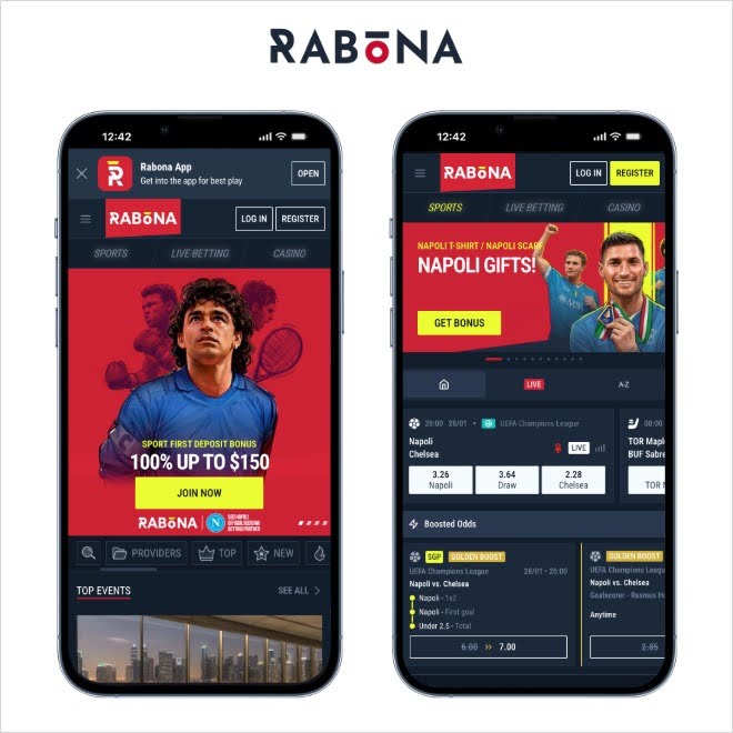 Rabona sportsbook homepage with international football leagues and live betting options